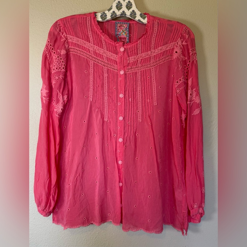 Johnny Was Womens Pink Floral Oversized Embroidered Long Sleeve Top Size Small - Picture 2 of 8